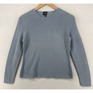EILEEN FISHER Sweater S Cotton Ribbed Top Round Neck Long Sleeve Blue VTG HK